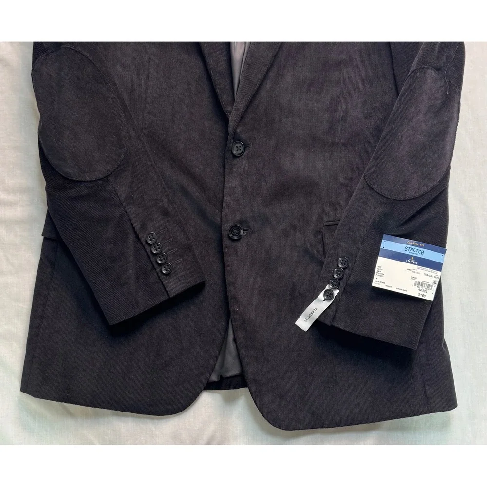 Stafford Mens 44R Black Corduroy Sport Coat Blazer Classic Fit Stretch Elbow Pat